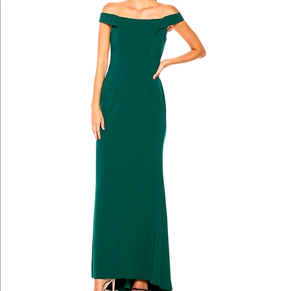Carmen Marc Valvo green formal off shoulder dress